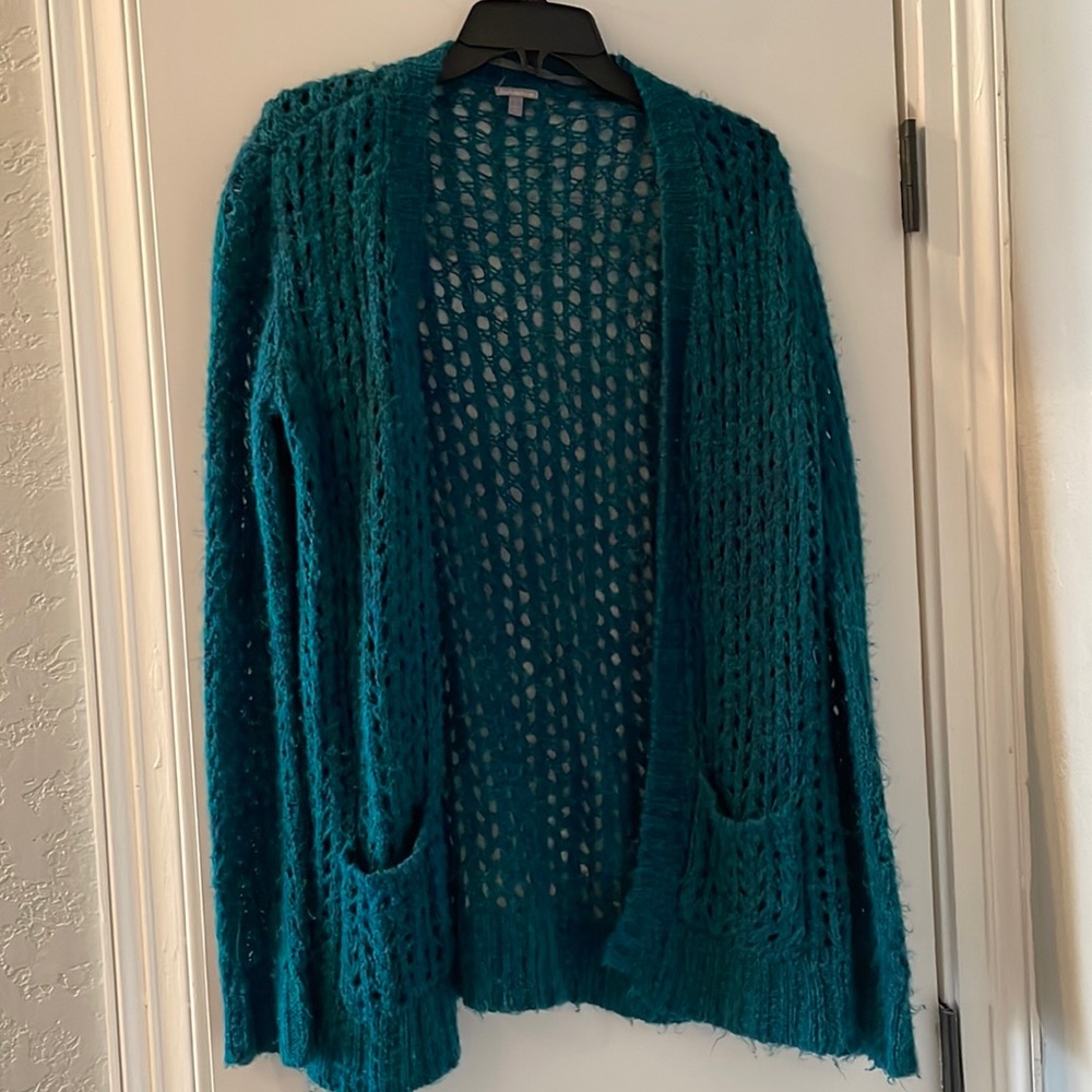 Dark teal knit cardigan with pockets